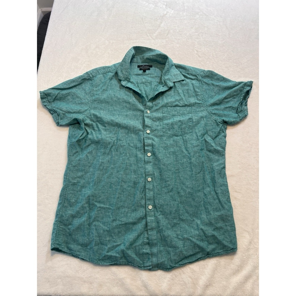 Marc Anthony Slim Fit Shirt L Button Up Aqua Short Sleeve Pocket Linen/Cotton